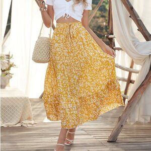 💚Yellow Floral Boho Midi Skirt | High Waist Flowing Summer Skirt | Size M